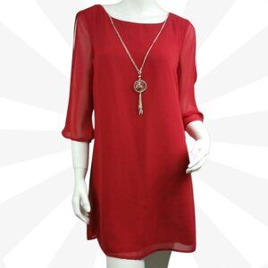 Love Reign Red Scoop Neckline 3/4 Sleeve Solid Casual Short Shift Dress Size S